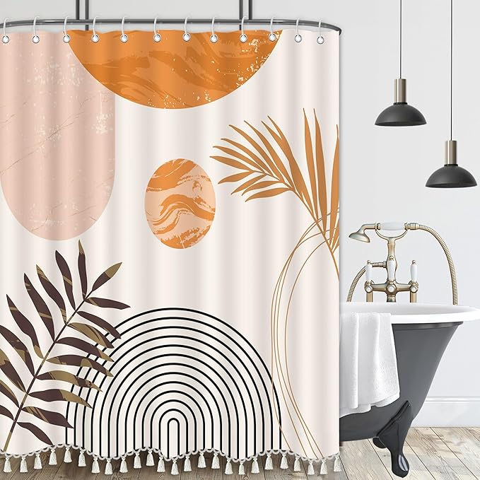 Boho Mid Century Leaf Shower Curtain Set,Arch Sun Design,Minimalistic Leaves Pattern,Waterproof and Luxurious Fabric-12 Hooks(Orange-72" x 72")