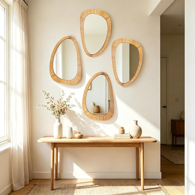 BAODANFU Irregular Rattan Wall Mirrors Decorative, 20"x30" Asymmetrical Decorative Mirror with Boho Handwoven Natural Rattan Frame, Vanity Mirrors for Bathroom, Bedroom, Entryway, Dning Room Decor