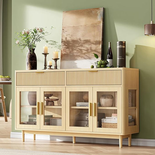 IRONCK 59'' Sideboard Buffet Cabinet with Drawers, Modern Kitchen Storage Cabinet with Adjustable Shelves and Tempered Glass Doors, Wood Coffee Bar for Kitchen, Living Room, Oak