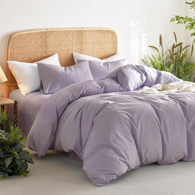 Wake In Cloud - Cotton Duvet Cover Set, 100% Washed Cotton, Linen Like Textured, Breathable Durable Comfy Farmhouse Neutral Bedding Set, 3 Pieces, Light Purple, Full Size
