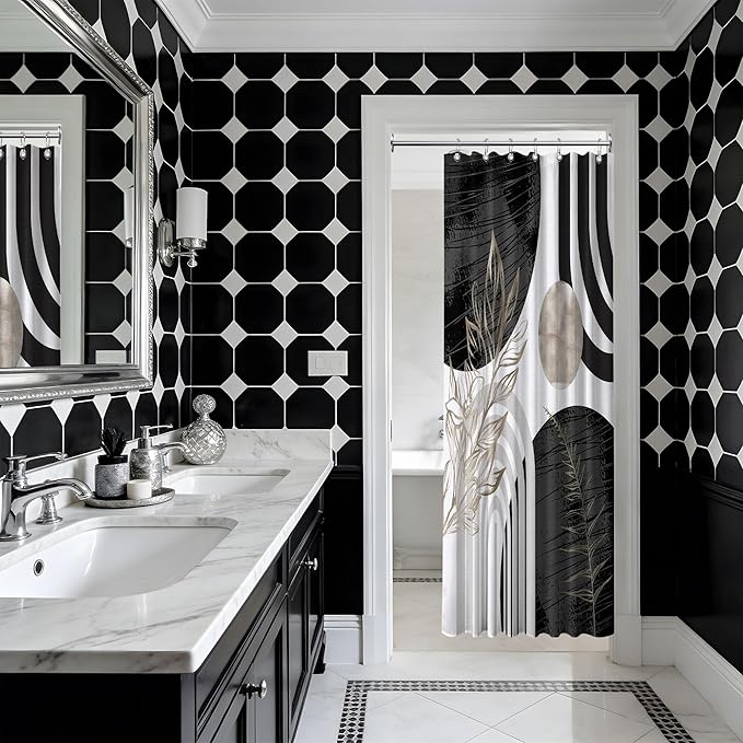 Mid Century Modern Black and White Shower Curtain Cool Charcoal Grey Silver Shower Curtains for Mens Bathroom Decor Sets, Abstract Boho Pattern, Waterproof Cloth Fabric with Hooks 36x72 in