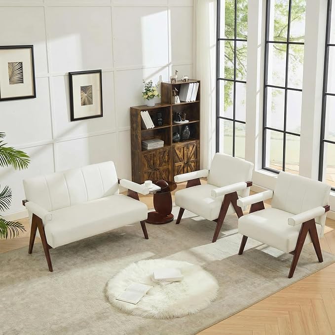 AODAILIHB White Mid Century Modern Accent Chair, Solid Wood Frame White Linen Armchairs, Modern Reading & Living Room Chairs for Office Guest & Waiting Room