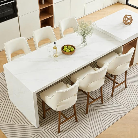 ClinQ Bar Stools Set of 6, 26" H Counter Height Bar Stools with Backs, Modern Upholstered Accent Barstools with H-Shaped Footrest for Kitchen Island, Dining Room and Bar, Beige-Walnut Legs