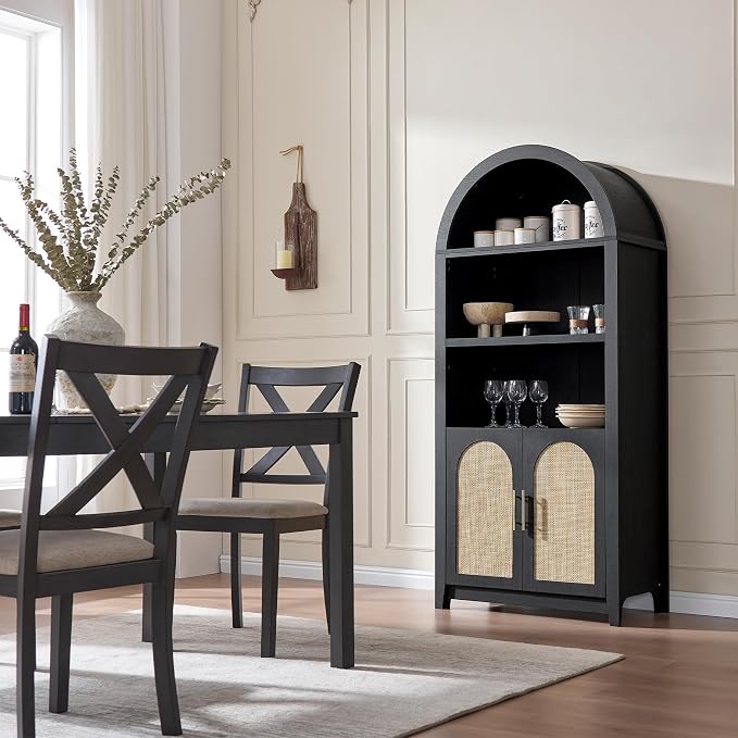 RowyPoey Rattan Arched Cabinet Bookshelf - 69.3” Tall Mid Century Display Cabinet, Rounded Bookcase with Rattan Doors, Open Shelf Storage for Dining Room (Black, 2 PCS)