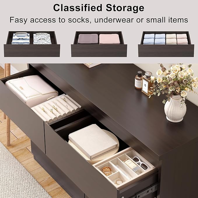 Modern 6 Drawer Dresser - Simply Chest of Drawers for Bedroom, Closet, Living Room, Hallway, Entryway, Wood Storage Double Dresser with Smooth Metal Rails - Retro Brown