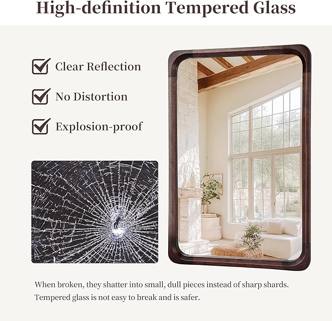 Tanmicoshomy Wood Bathroom Mirror 24 x 36 Inch, Solid Wood Framed Rectangle Mirrors with Tempered Glass for Living Room Bedroom Office or Entryway(Dark Brown)
