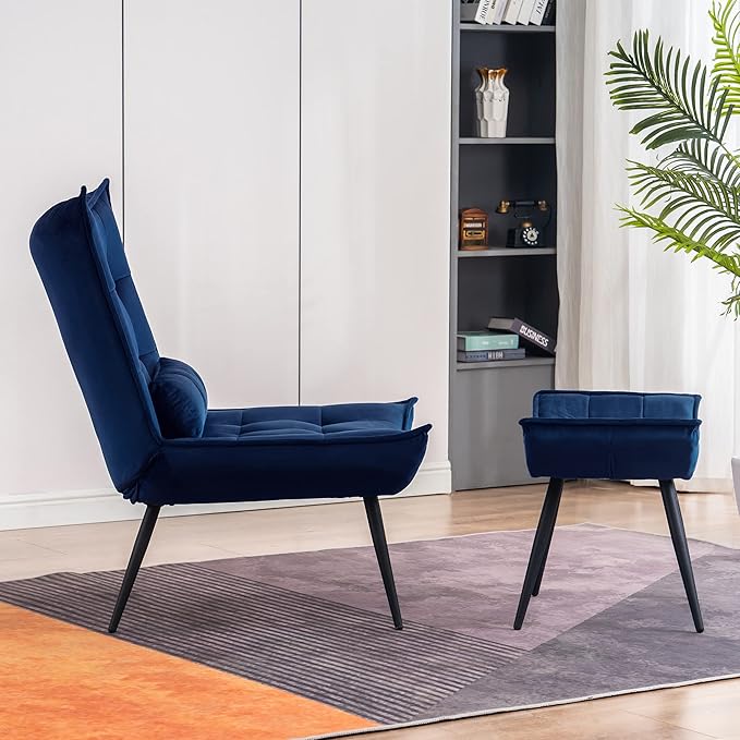 MCombo Accent Chair with Ottoman, Modern Velvet Wingback Lounge Chair, Upholstered Club Chair for Small Space, Living Room & Bedroom 4079 (1, Blue)