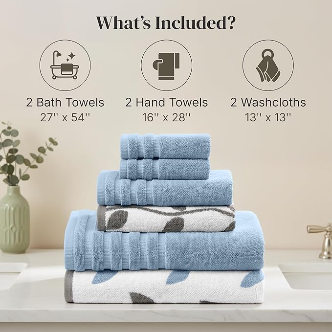 Modern Threads Organic Vines 6-Piece 100% Cotton Towel Set – Yarn Dyed Jacquard & Solid – Includes 2 Bath Towels, 2 Hand Towels, 2 Washcloths – Absorbent, Quick Dry, Soft & Durable – Blue