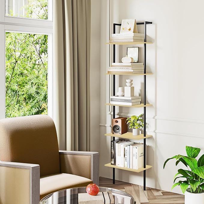 5-Tier Ladder Shelf, Wall Mounted Ladder Bookshelf with Metal Frame, Wood Tall Open Storage Rack and Display Shelves for Home Office Bedroom Living Room, Light Oak