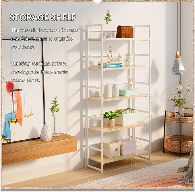 4NM No Assembly 5 Tiers Collapsible Book Shelves, 51.2" H Folding Bookshelf Bookcase Open Industrial Foldable Shelves for Bedroom, Living Room, Home Office - Natural White
