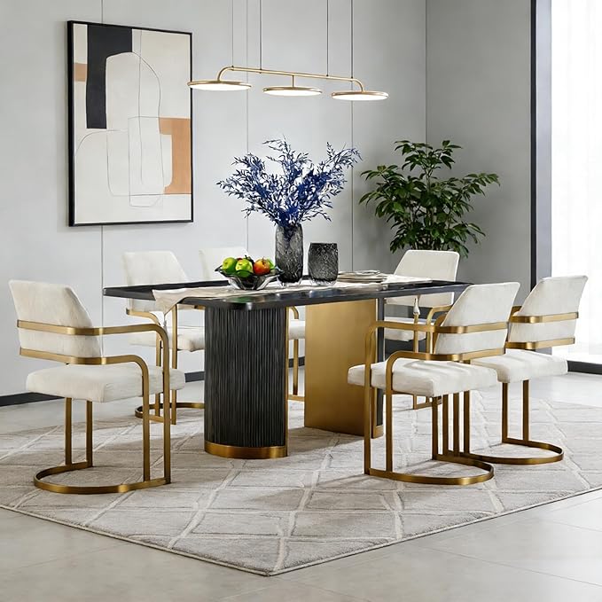 AUZ 70" Farmhouse Dining Table for 4-6, Black Oak Wood Rustic Kitchen Table with Fluted Base and Brushed Gold Accents, Large Rectangular Vintage Style Table (Black & Gold)