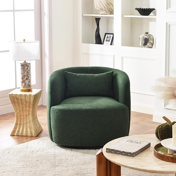 KINWELL 34" Wide Boucle Swivel Barrel Chair, No Assembly Round Upholstered Armchair Accent Chair Single Sofa Chair with Toss Pillow for Living Room and Bedroom, Green