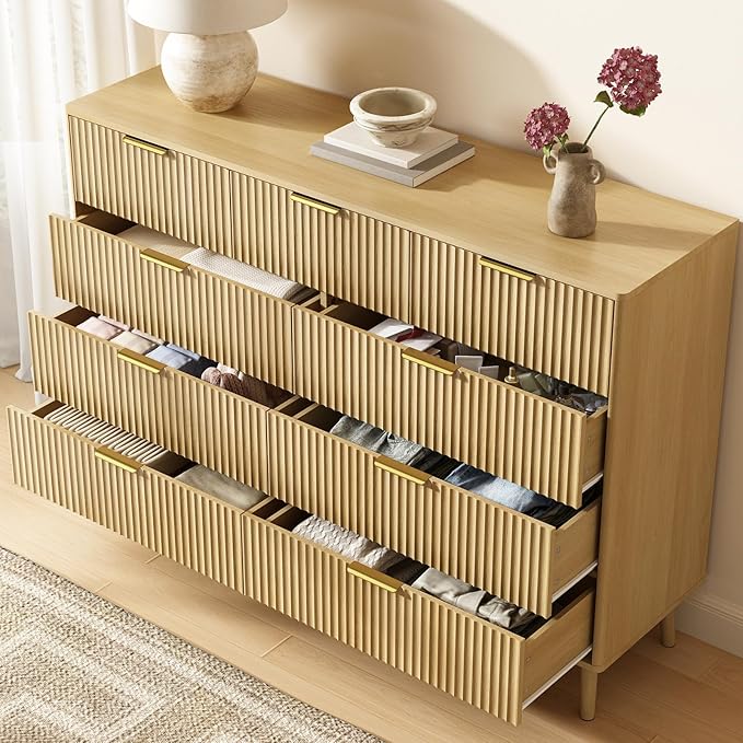 CARPETNAL Fluted 9 Drawer Dresser for Bedroom, 55" Wide Wooden Chest of Drawers with Rounded Corners, Gold Handles, Modern Storage Organizer for Bedroom, Hallway (Oak)