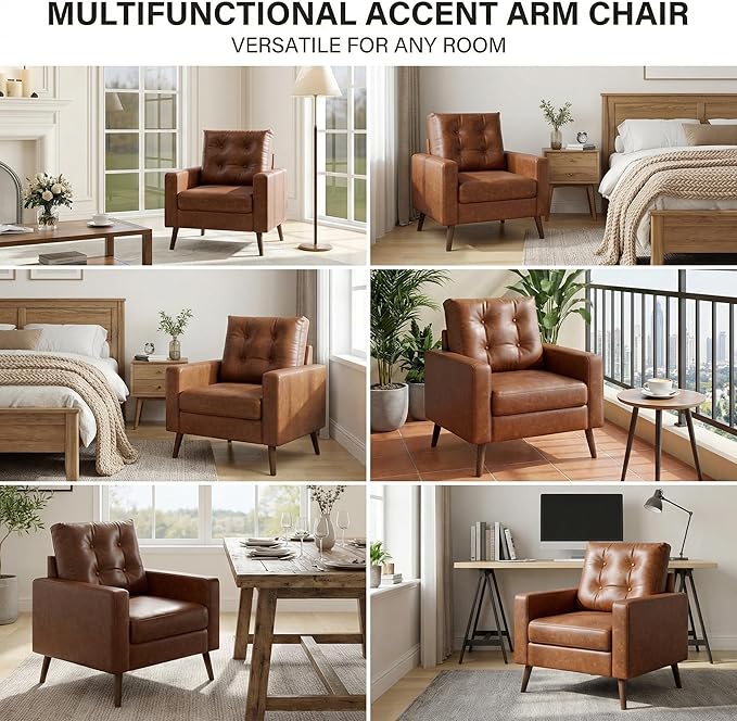 Wahson Office Chairs PU Accent Arm Chair with Tufted Back, Faux Leather Comfy Upholstered Single Sofa, Mid Century Modern Side Club Chair with Wood Legs for Reading/Living Room/Bedroom, Caramel