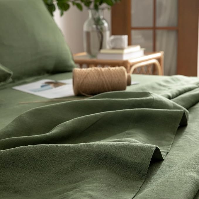 EVERLY Linen Sheets Set Full Size,100% French Stonewash Pure Linen Sheets Set,4Pieces (1Flat Sheet,1Fitted Sheet,2Pillowcase) Suitable for Hot Sleepers,Deep Pocket Natural Bedding Set-Mossy Green