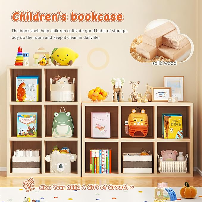 6 Cube Storage Organizer, Cubby Storage Organizer, Cube Shelf with Back Plate, Wooden Kids Bookcase for Toy, Solid Wood Cube Storage for Living Room/Bedroom/Hallway/School, Easy to Install