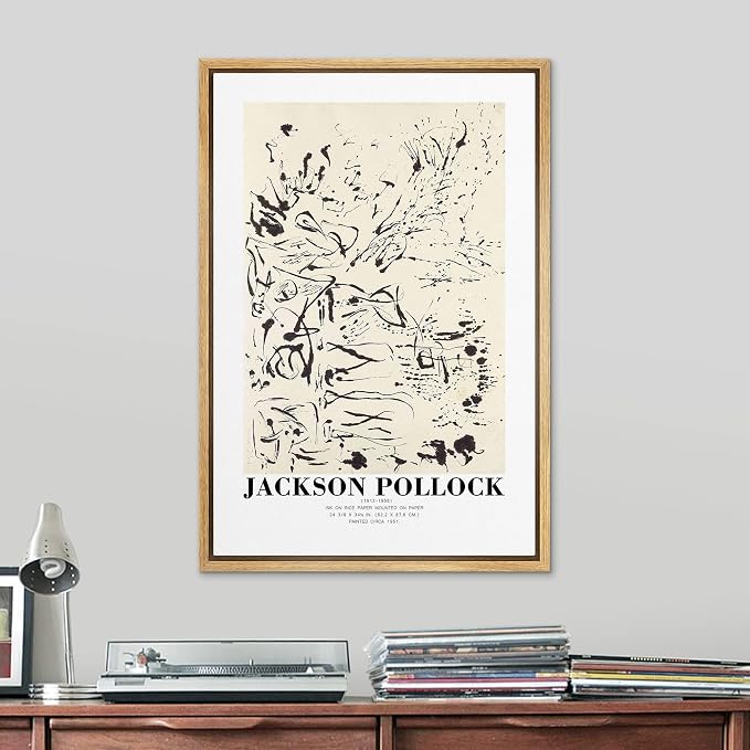 SIGNLEADER Framed Canvas Print Wall Art Jackson Pollock Ink Rice Paper Sketch Abstract Shapes Illustrations Fine Art Decorative Minimalist Relax/Calm for Living Room, Bedroom, Office - 24"x36" NATURAL