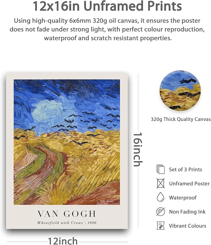 HesenDot Unframed Vincent Van Gogh Wall Art Prints Set of 3, 12x16in Classic Post-Impressionist Posters, Wheatfield and Sunflowers Canvas Print, Vintage Oil Painting Home Decor for Bedroom Living Room, Unframed