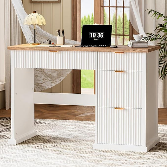 47" Farmhouse Executive Desk, Home Office Desk with Drawers and Charging Station, Wood Home Office Desk, Fluted Computer Writing Desk for Study, Living Room, Bedroom