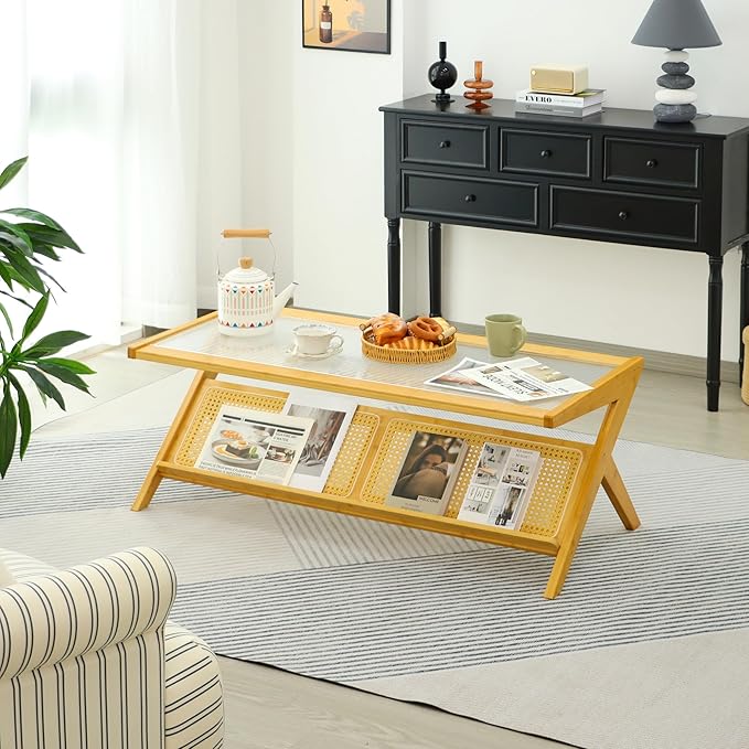 Bamboo Coffee Table, Accent Rattan Coffee Table with Glass Top, Mid-Century Wooden Center Tables, Modern Sofa Side Tea Tables with Storage for Living Room, Burlywood