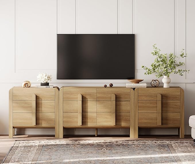 WAMPAT 110.2” W Large Sideboard Buffet Cabinet with Storage,Modern French Kitchen Buffet Cabinet with 12 Drawers,Wood Buffet Table Coffee Wine Bar Console Table for Kitchen,Dining Room,Light Walnut