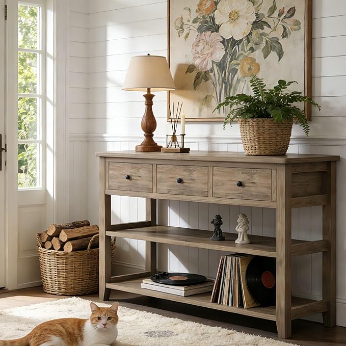 Karl home Console Table with 3 Drawers, 47" Farmhouse Wash Grey Entryway Sofa Table with Silent Slide Rails & Anti-Fall Guardrails for Hallway, Living Room, Foyer, Office