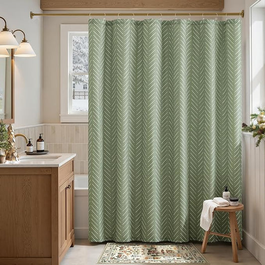 jinchan Extra Long Sage Green Shower Curtain with White Herringbone Striped Zig Zag Chevron Waterproof Fabric Modern Farmhouse Shower Curtains for Bathroom with 12 Hooks 70x84 Inches