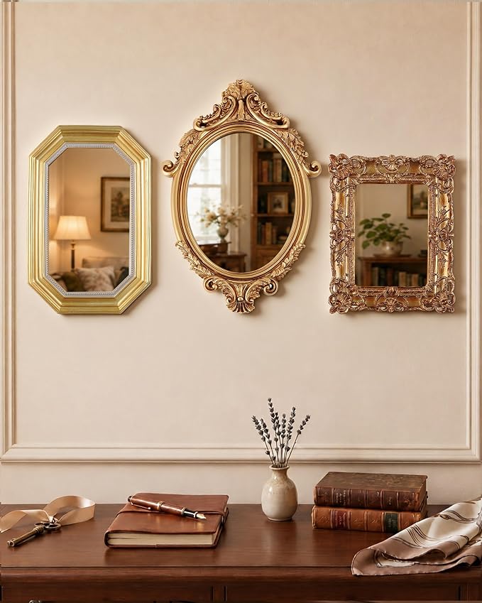 Wonderjune 3 Pcs Vintage Gold Mirror Set Wall Decorative, 8-15in Vintage Wall Mirror Hanging Antique Hanging with Stand for Living Room Home Wedding Decor(Court Baroque Style, 15in/11in/10in)