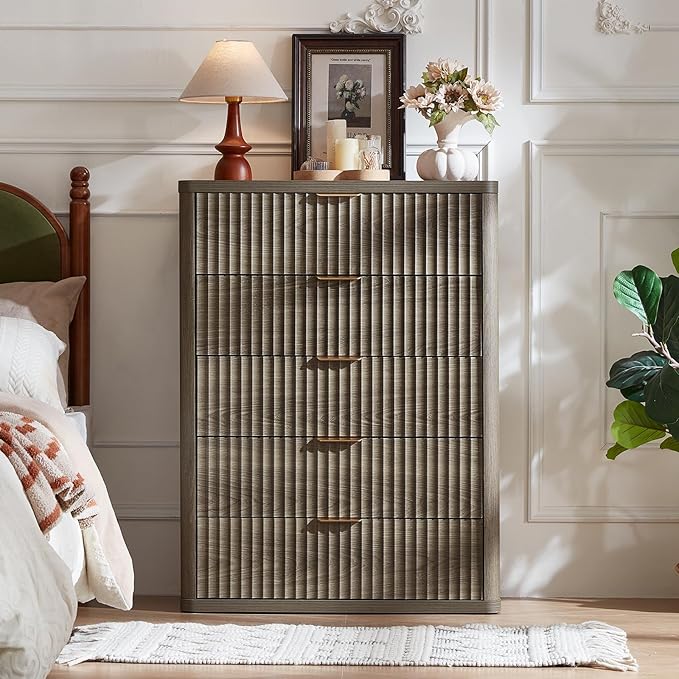 LEYAOYAO Fluted 5 Drawers Dresser Set of 2, 41" Tall Modern Chest of Drawers with Metal Handle, Curved Profile Dresser TV Stand, Wooden Drawer Organizer for Bedroom, Living Room, Hallway,Grey