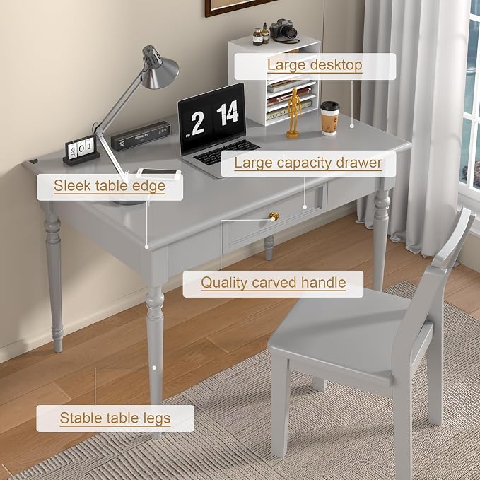 Solid Wood French Country Desk,Writing Desk with Storage Drawers,Farmhouse Computer Table Makeup Table Modern Simple Style,for Home Office Living Room Study Workspace Bedroom (Grey, 31.5IN)