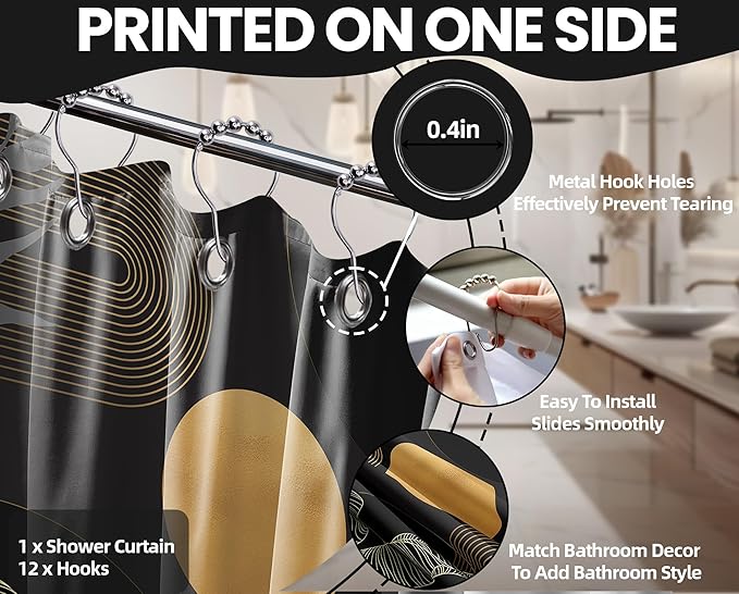 Black and Gold Shower Curtain Dark Mid Century Modern Boho Shower Curtains for Bathroom Decor MCM Masculine Cool Bath Curtain Set, Waterproof Fabric with Hooks 70 x 72 Inch