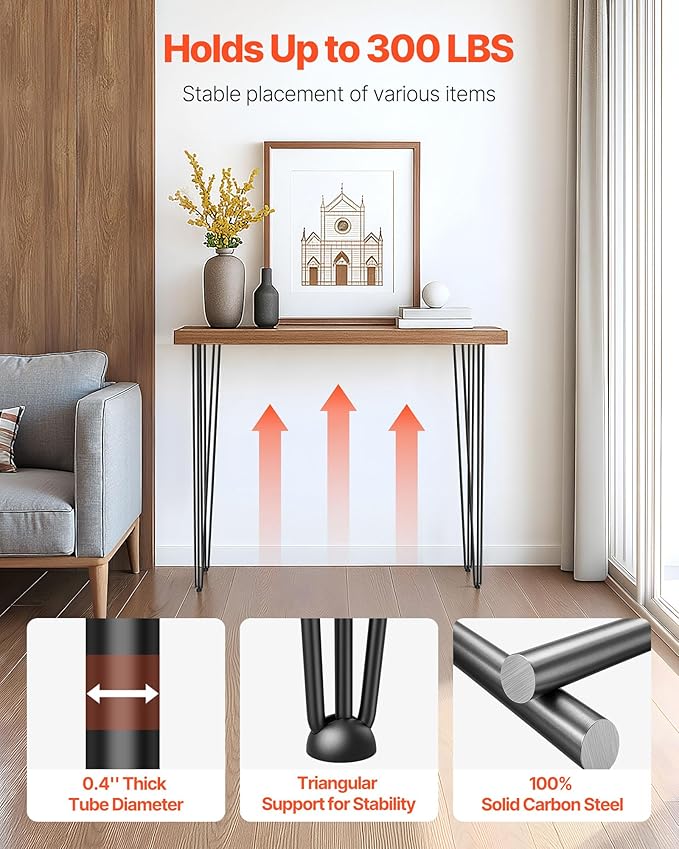 VEVOR Hairpin Table Legs 36 in Black Set of 4 Desk Legs 220 lbs Load Capacity Each Leg Hairpin Desk Legs 3 Rods for Bench Desk Dining End Table Chairs Carbon Steel DIY Heavy Duty Furniture Legs