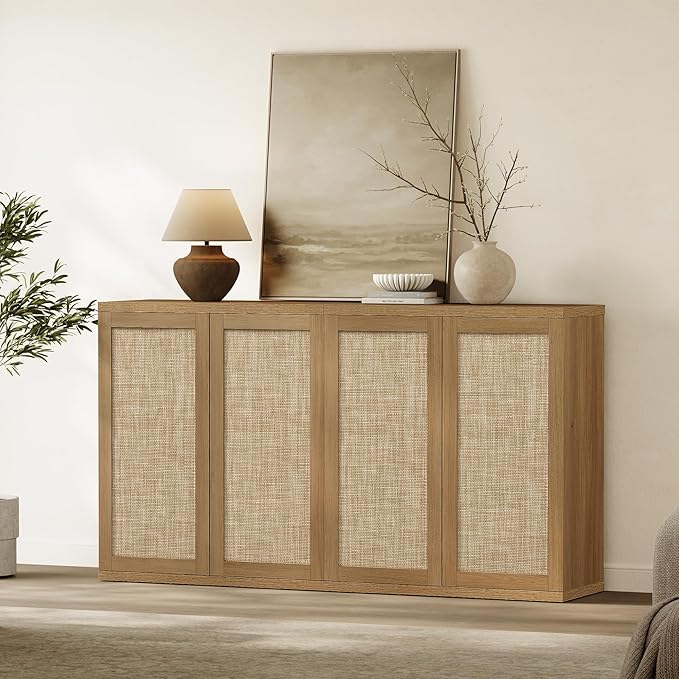 SICOTAS Rattan Buffet Sideboard Cabinet - Large Boho Coffee Bar Cabinet with Storage & Adjustable Shelves, Farmhouse Console Table Credenza Stand for Living Room, Dining Room, Entryway, Oak