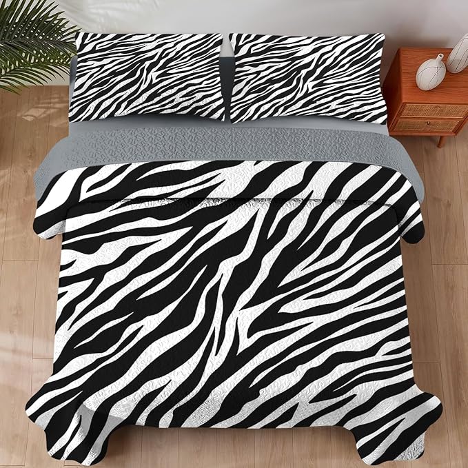 Pamnest Quilt Set Twin Size, Zebra Stripe Animal 2 Pcs Soft Bed Cover Bedding Set for Kids and Adults, Black White Lightweight Bedspread Coverlet with Pillow Sham for All Season