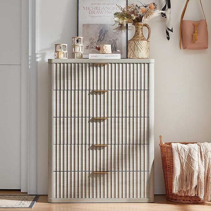 LEYAOYAO Fluted 5 Drawers Dresser Set of 2, 41" Tall Modern Chest of Drawers with Metal Handle, Curved Profile Dresser TV Stand, Wooden Drawer Organizer for Bedroom, Living Room, Hallway, Lightgrey