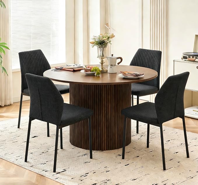 Dining Table Set for 4, 47" Wooden Round Kitchen Table with Linen Fabric Chairs for Kitchen Room and Small Spaces(Walnut Table + 4 Black Chairs)