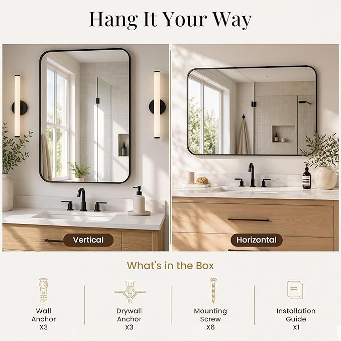 24x36 Inch Matte Black Bathroom Vanity Mirrors | Flush Mount Deep Set Metal Wall Mirror for Over Sink | HD Shatterproof Glass, Rustproof | 1 Pack