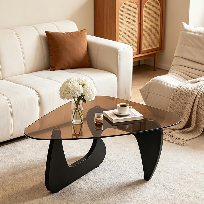 35.8'' Modern Brown Glass Coffee Table with Geometry Base, Triangle Shape Coffee Table for Living Room Office, Black Finish Wood Base, Mid-Century Style Cocktail Center Table for Small Space