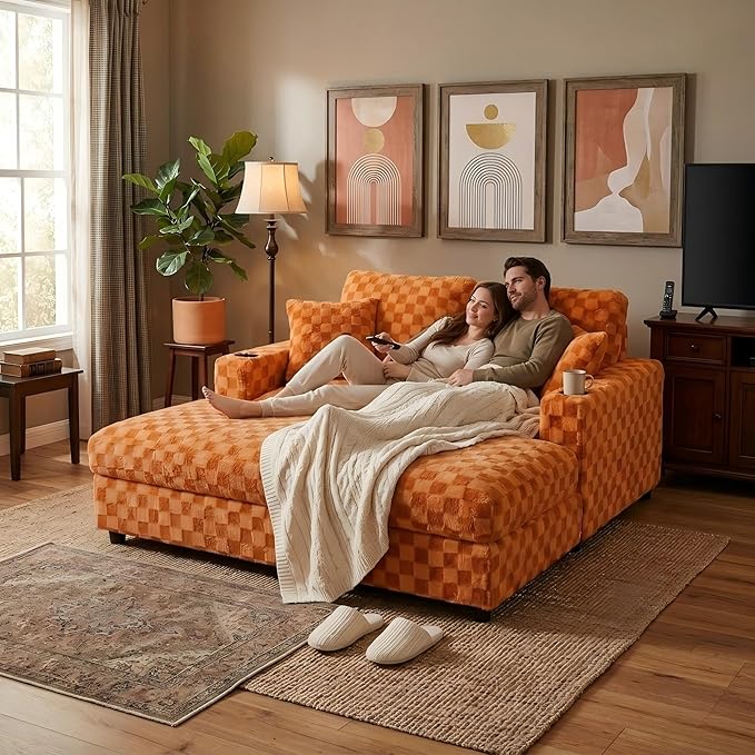 Eafurn Modern Oversized Chaise Lounge Chair with Integrated Ottoman, Corduroy Upholstered Deep Seat Sleeper Armchair with Power Charging Ports and Cup Holders, Cozy Accent Furniture for Living Room