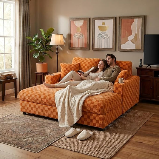 Eafurn Modern Oversized Chaise Lounge Chair with Integrated Ottoman, Corduroy Upholstered Deep Seat Sleeper Armchair with Power Charging Ports and Cup Holders, Cozy Accent Furniture for Living Room