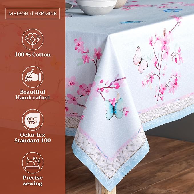 Maison d' Hermine Table Cloth Rectangle Table 100% Cotton 60 x 90 Inches Tablecloth Reusable Decorative for Dining Room Farmhouse Home Valentines Day Decorations Spring Summer - Blossoms in Spring