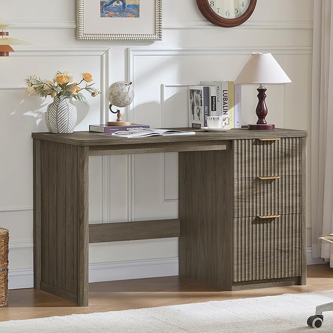 LEYAOYAO Office Desk 48" with 3 Drawers Storage File Cabinet Wood Fluted Desk for Computer Office Bedroom Home Furniture Grey