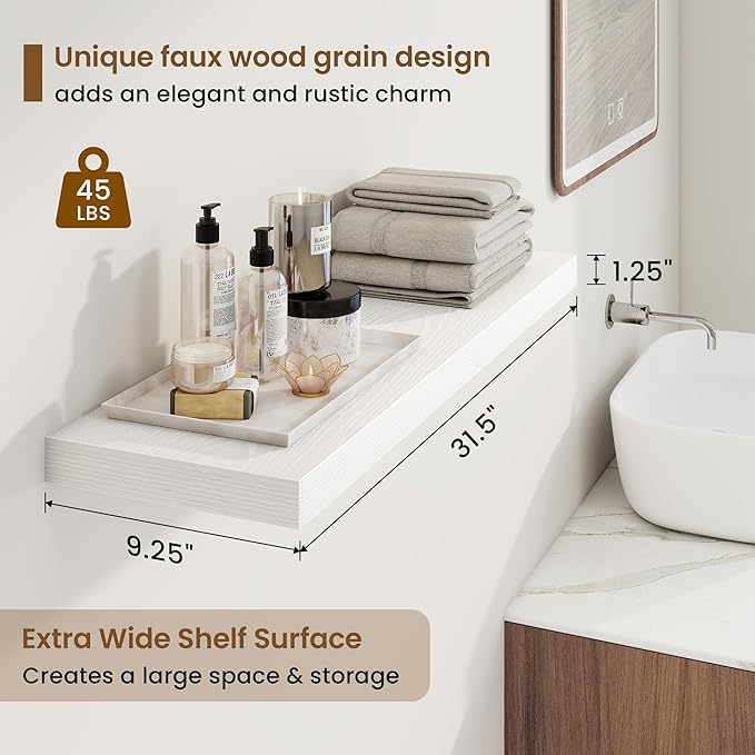 32in Floating Shelves for Wall, 32"W x 9.25"D x 1.25"H, 2 Pack Long Wall Mounted Engineered Wood Shelves with Invisible Brackets for Living Room, Bedroom, Bathroom, Kitchen Decor and Storage, White