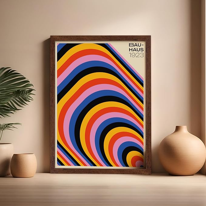 Poster Master Bauhaus Poster - Psychedelic Stripes Print - Abstract Art - Geometric Art - Graphic Design Art - Chic Boho Art - Mid Century Modern Art - Living Room Wall Decor - 16x20 Brown Framed