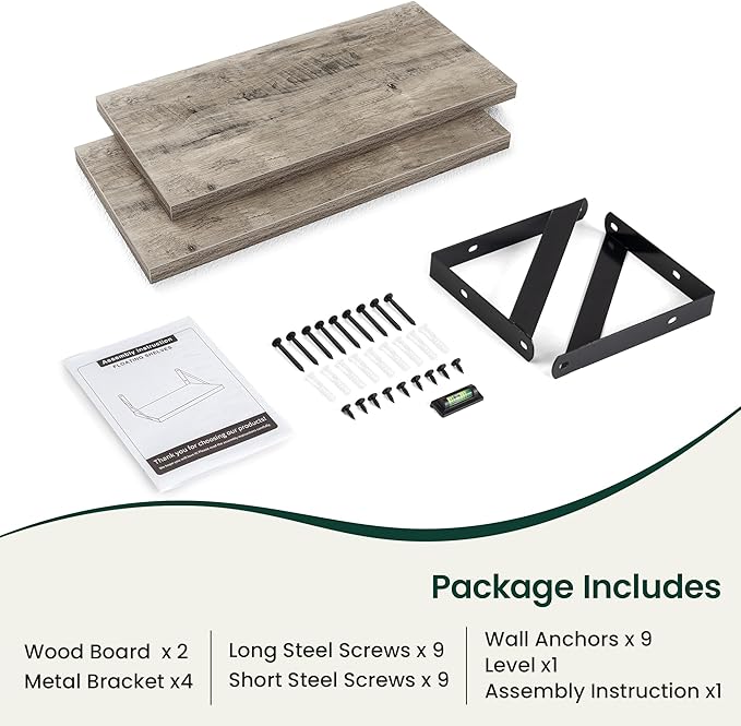 Floating Shelves, 8 Inch Deep Rustic Wood Wall Storage, 16W x 8D Wall Shelves Set of 2, Heavy Duty Metal Brackets, Industrial Book Shelf for Living Room, Kitchen, Bathroom, Bedroom, Grey