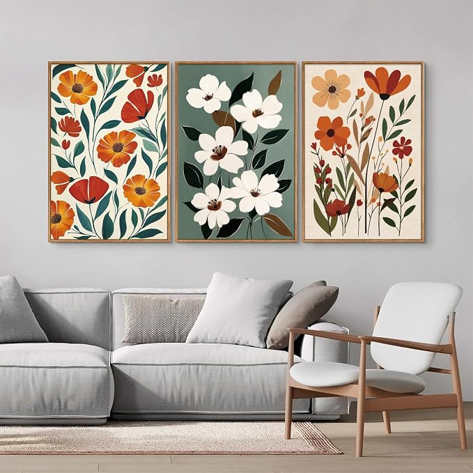 KaiWithYuan Vintage Floral Framed Canvas Wall Art, Boho Burnt Orange Flower Wall Decor, White Wild Flower Art Paintings, Retro Cozy Farmhouse Botanical Artwork for Bedroom Living Room Office 16"x24"x3