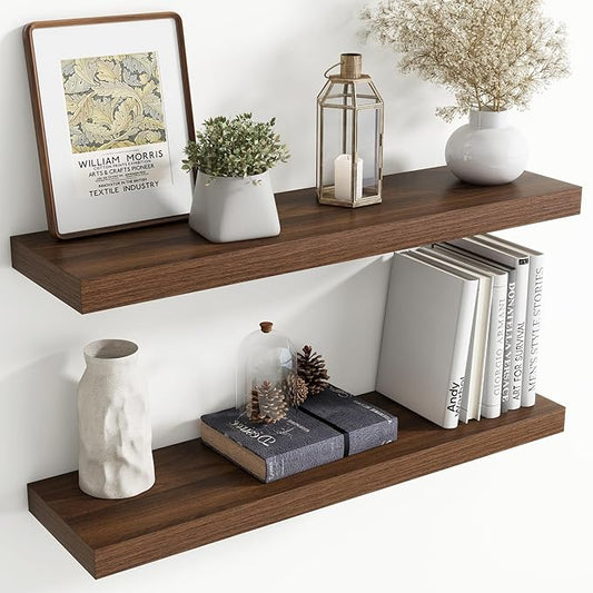 36 Inch Floating Shelves for Wall, 8 Inch Deep Floating Shelf for Storage & Display, Rustic Wall Mounted Shelf with Invisible Brackets for Living Room, Kitchen, Bathroom, Home Decor, Set of 2, Walnut