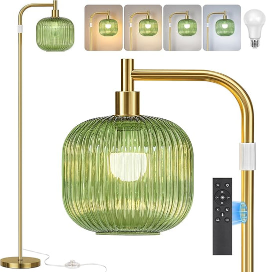 QiMH Glass Floor Lamp for Living Room, Modern Standing Lamp with Green Ribbed Glass Lampshade, Remote Control & Adjustable Height, 65” - 70”Tall Lamp for Bedroom Study Room, Brushed Gold