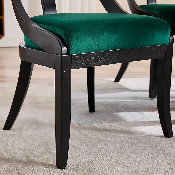 Modern Farmhouse Dining Chairs Set of 2 Mid Century Upholstered Dining Chair with Wooden Curved Back Kitchen Chairs for Dining Room Restaurant Cafe, Black-Velvet Green
