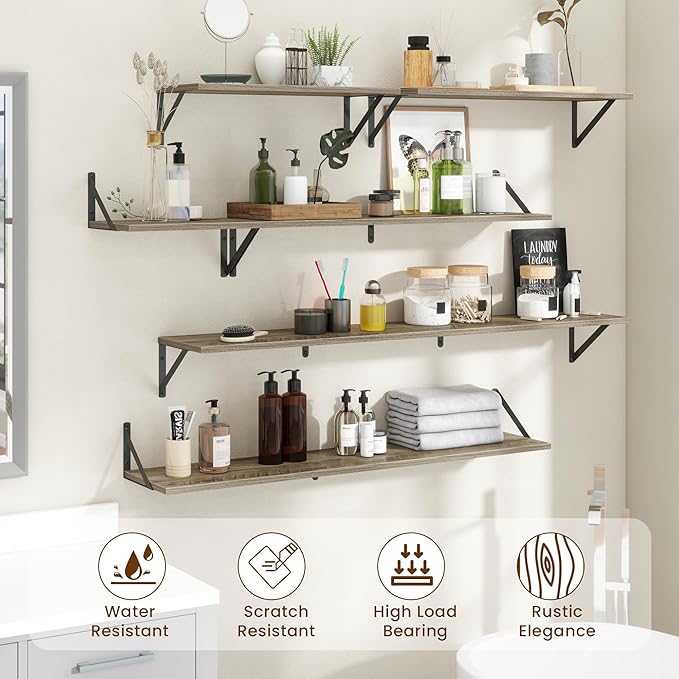 Floating Shelves for Wall,48" Wx8 D Wood Wall Shelves,Hanging Storage Floating Shelf with Metal Brackets,Wide Floating Bookshelf for Living Room,Office,Bedroom,Bathroom,Set of 2,Grey